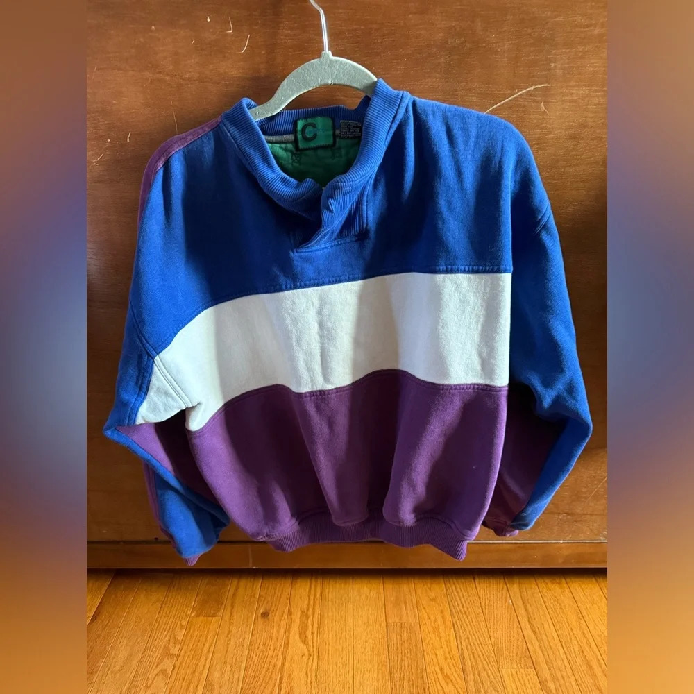 Vintage 1990s Cambridge Colorblock‎ Quarter Sweatshirt large cotton blue green